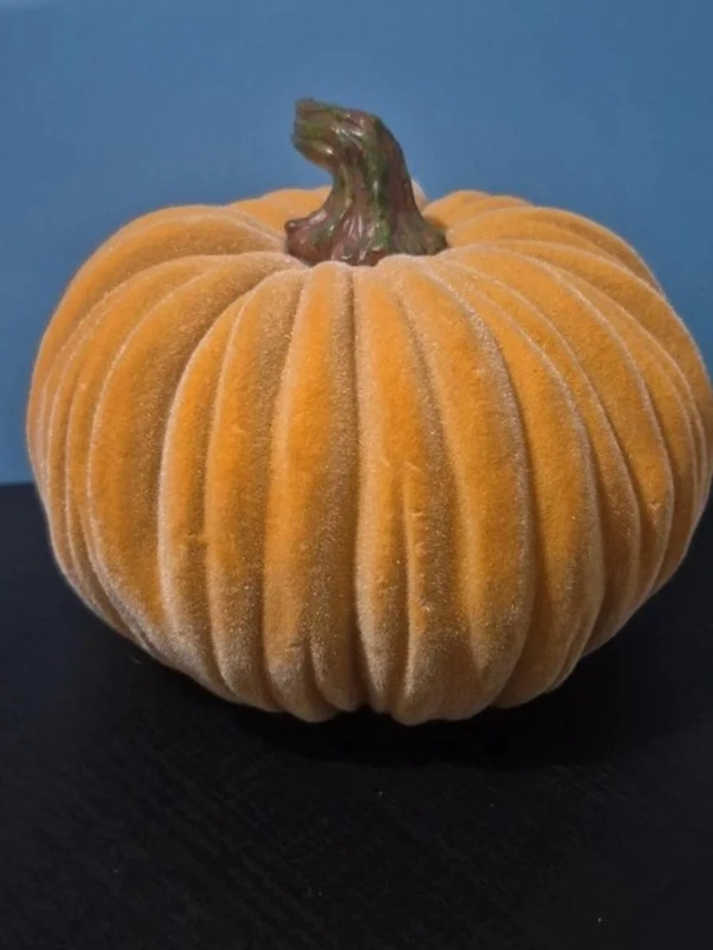 Velvet Decorative Pumpkin - Orange with Green Stem